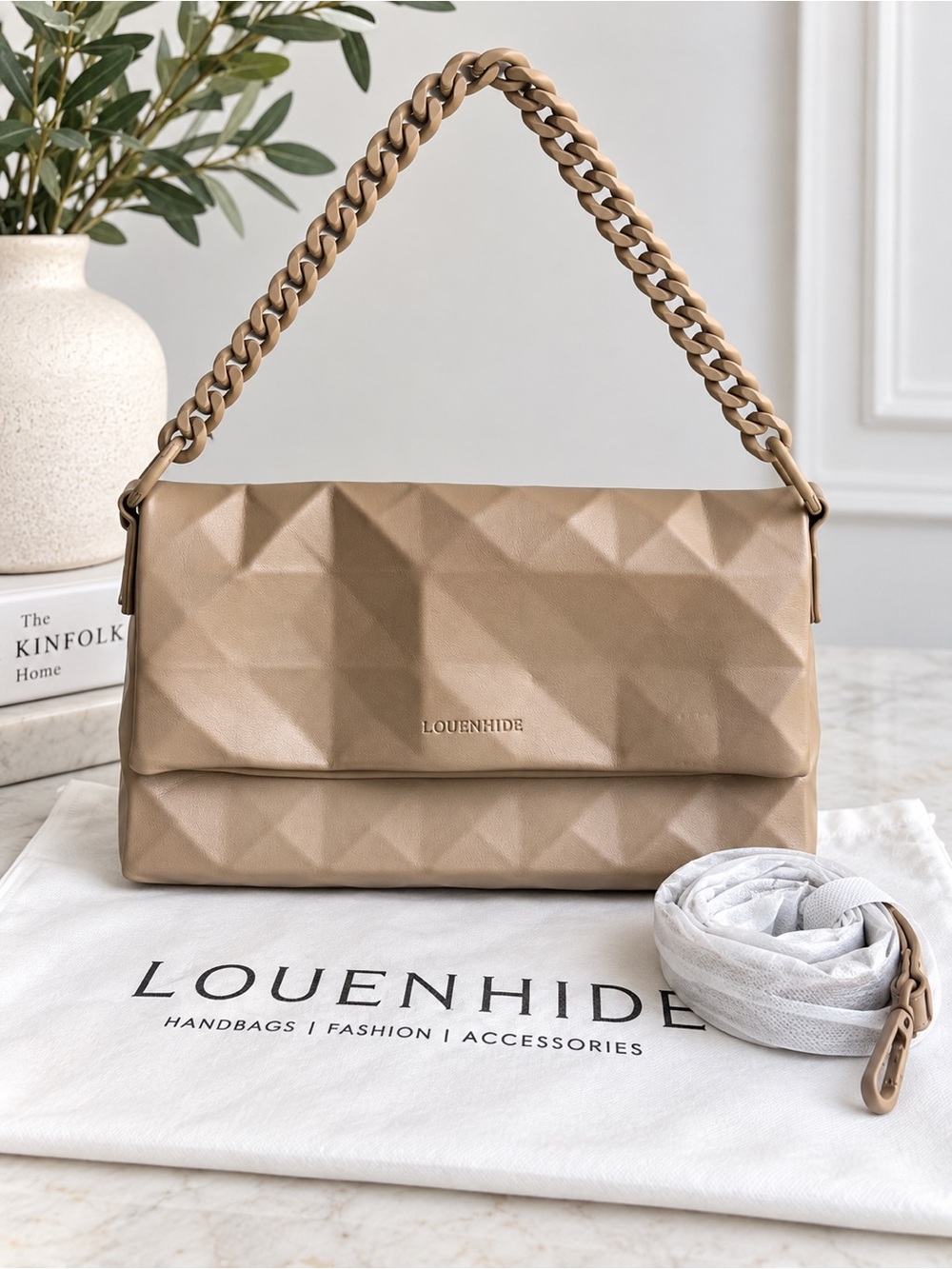 Louenhide Taupe Pleated Shoulder Crossbody Bag Chain Strap